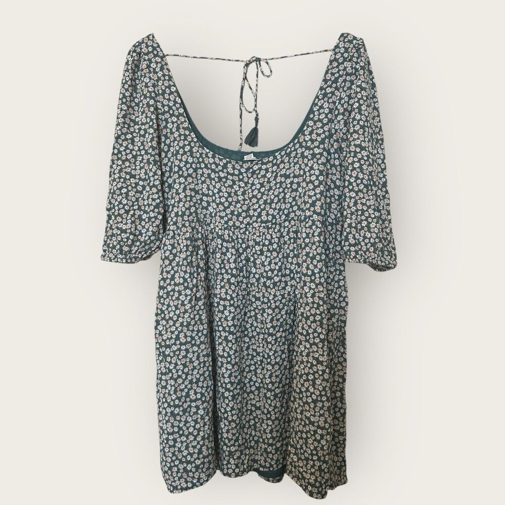American Eagle Babydoll Dress Green 90s Floral Puff 3/4 Sleeve Tasseled Back Med